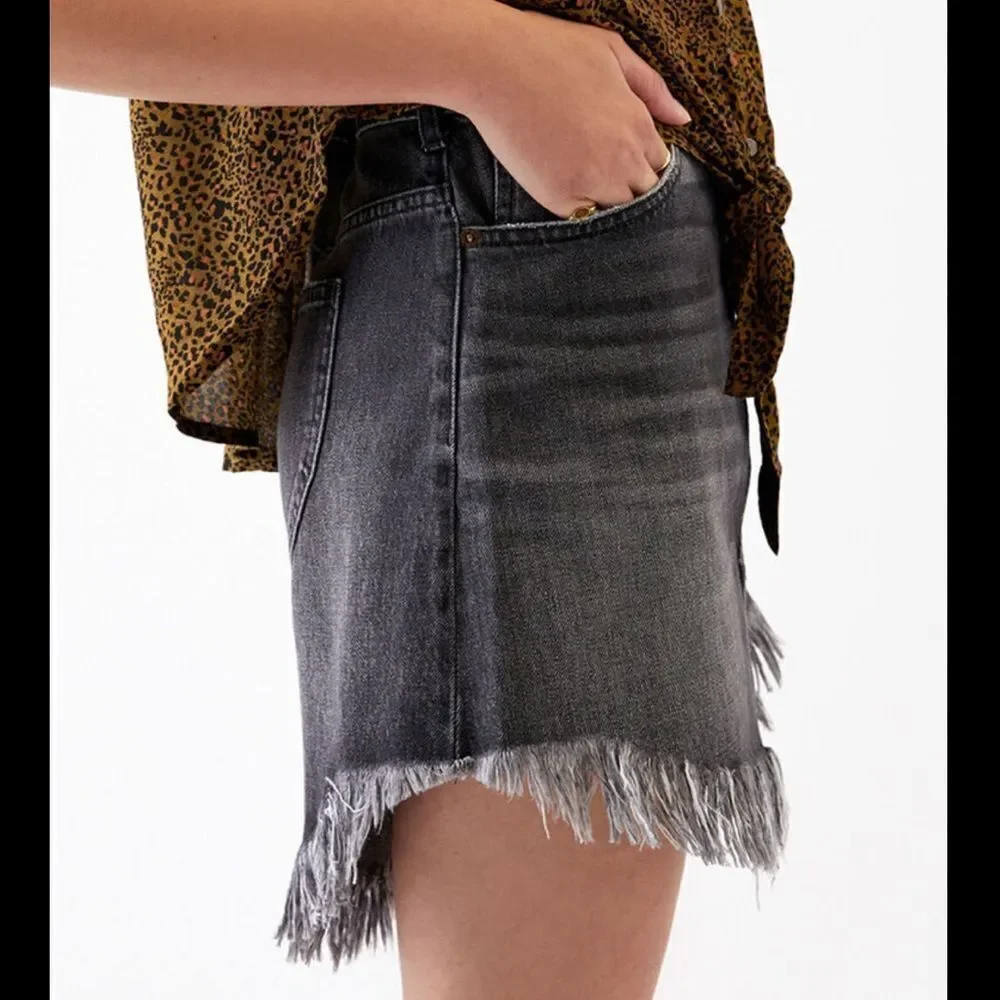 Free People Bailey Denim Raw Hem Mini Skirt in Maverick